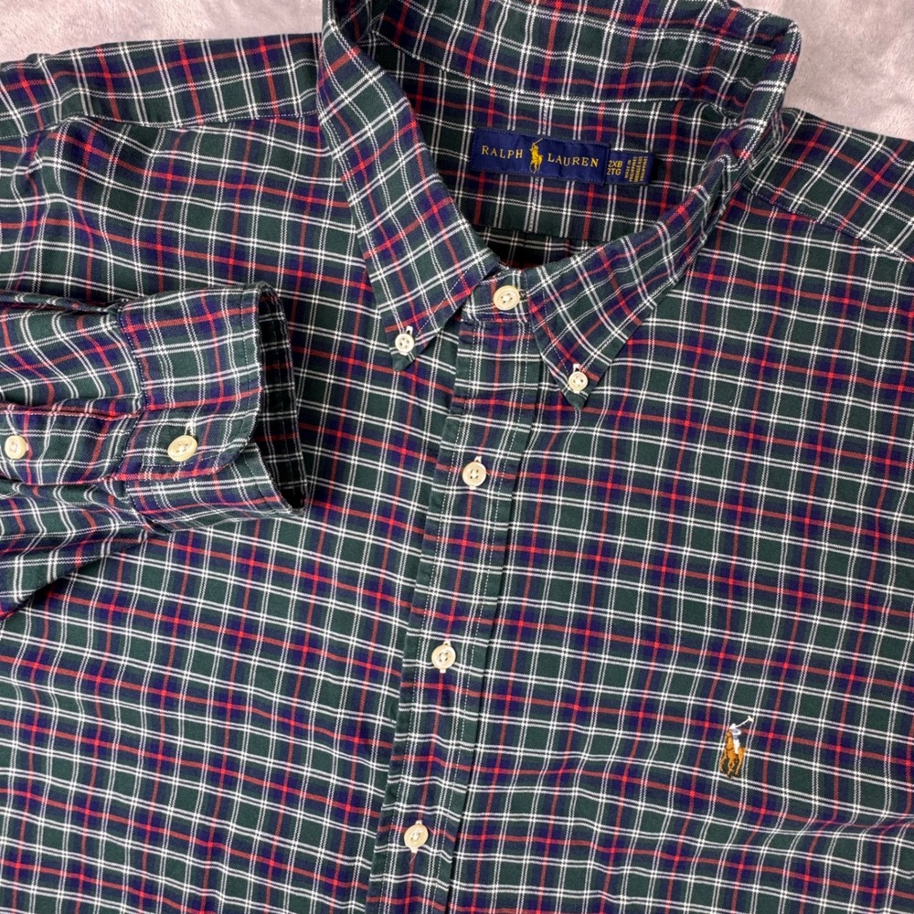 Ralph Lauren Mens 2XB Plaid Button Down Shirt Green Navy Red Cotton Long Sleeve